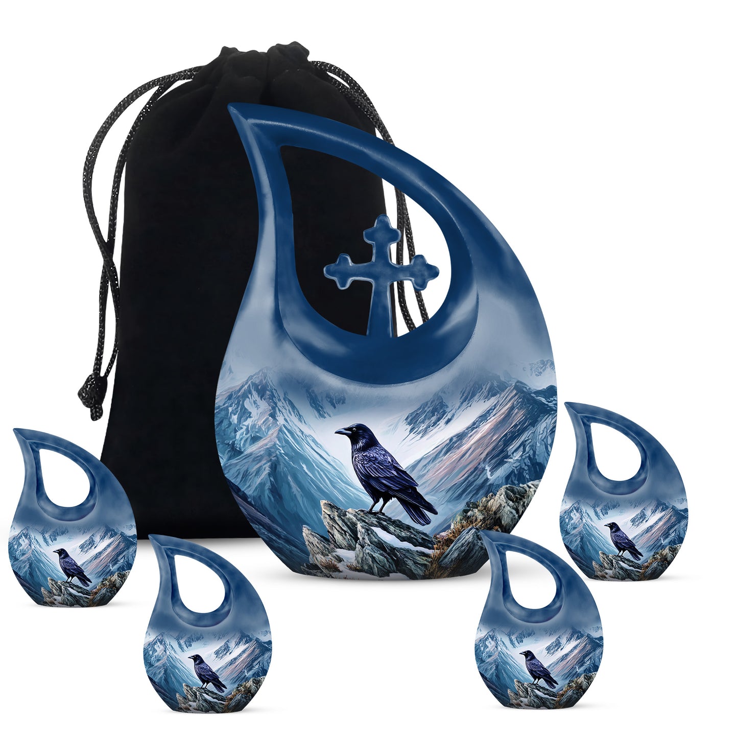 Twilight Blue Crow Cremation Urn urn with complimentary velvet bag - faith-inspired cross-drop urn with crow pattern - memorial set with one large and four small urns