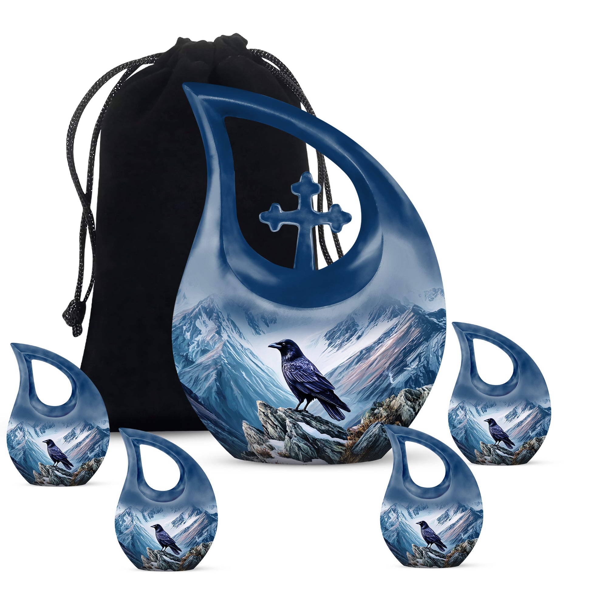 Twilight Blue Crow Cremation Urn urn with complimentary velvet bag - faith-inspired cross-drop urn with crow pattern - memorial set with one large and four small urns