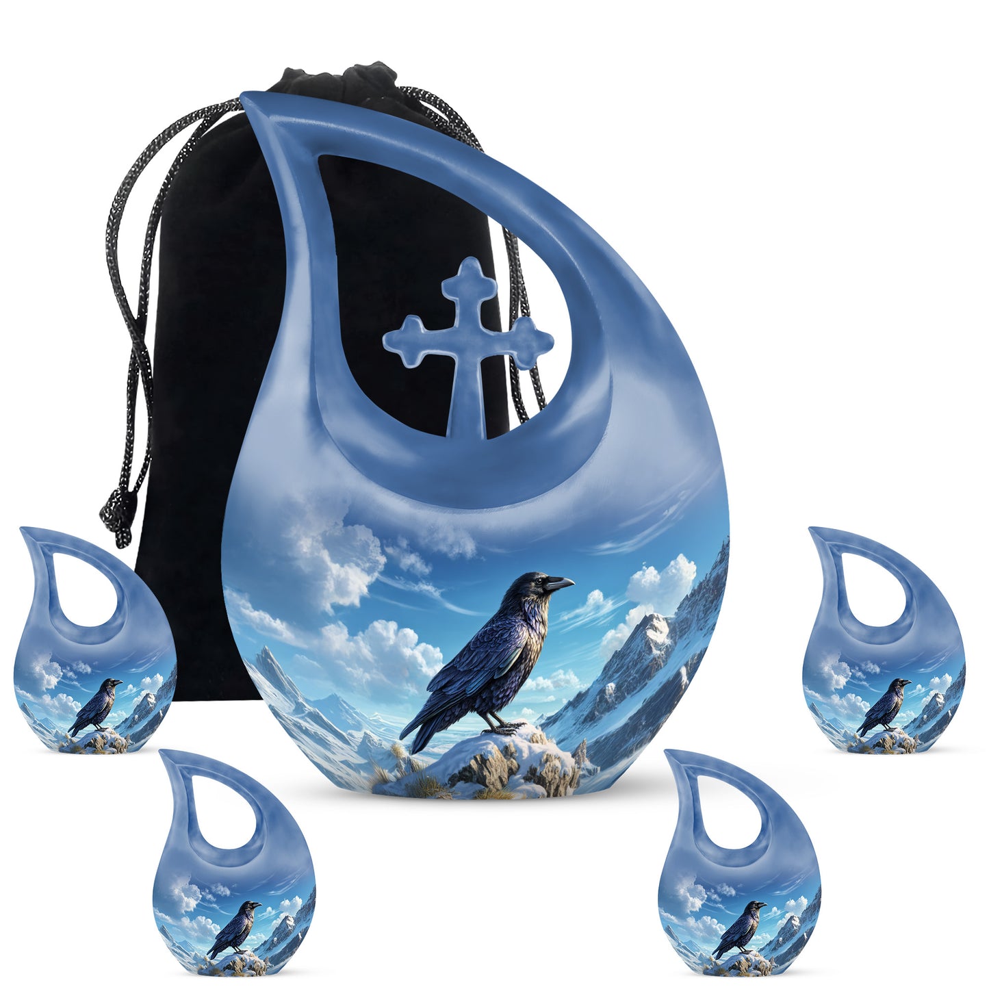Sapphire Blue Crow Cremation Urn urn with complimentary velvet bag - faith-inspired cross-drop urn with crow pattern - memorial set with one large and four small urns