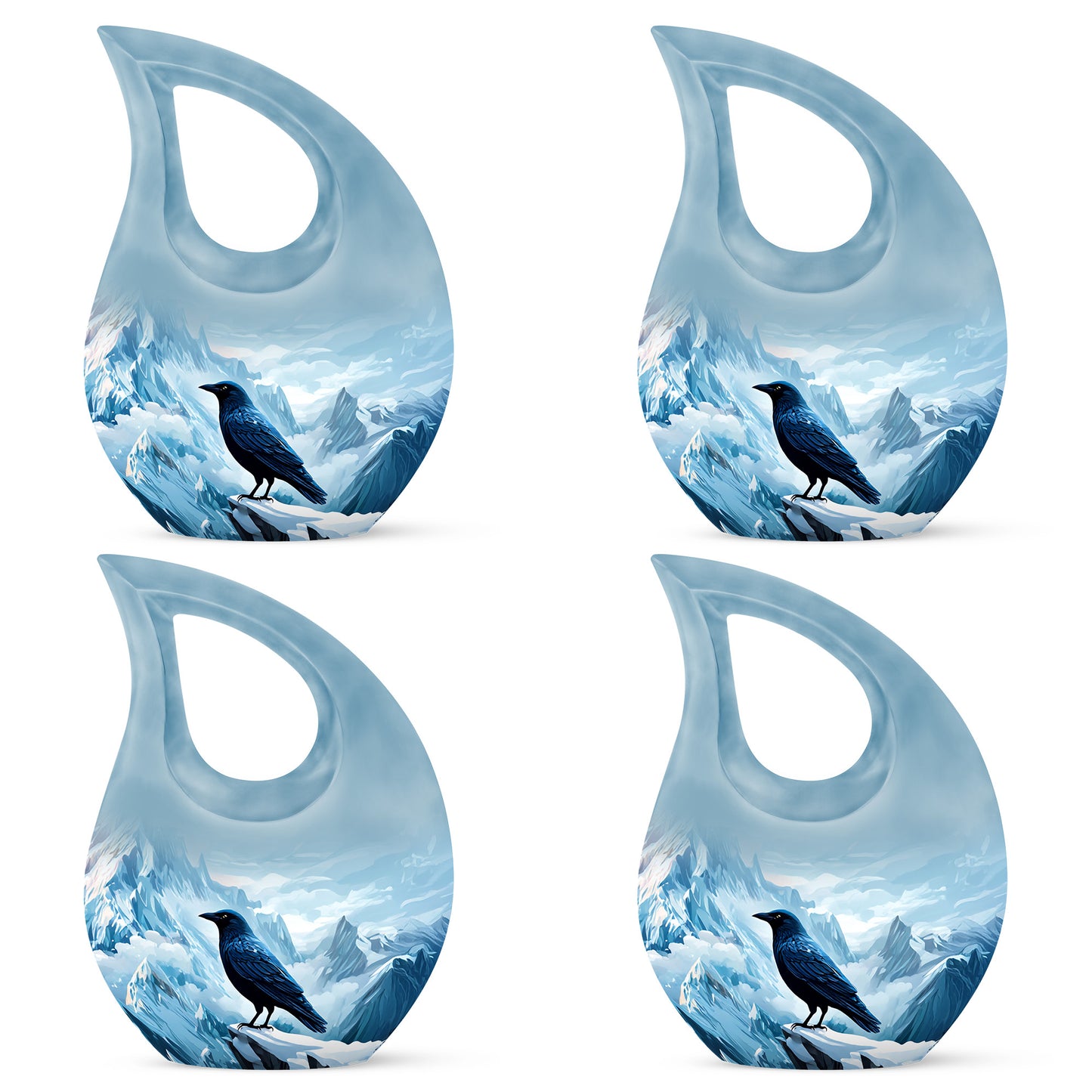 Slate Blue Crow Cremation Urn lifestyle display on memorial shelf - cross and crow combined in spiritual memorial design - 10 inch aluminum urn for cremated remains