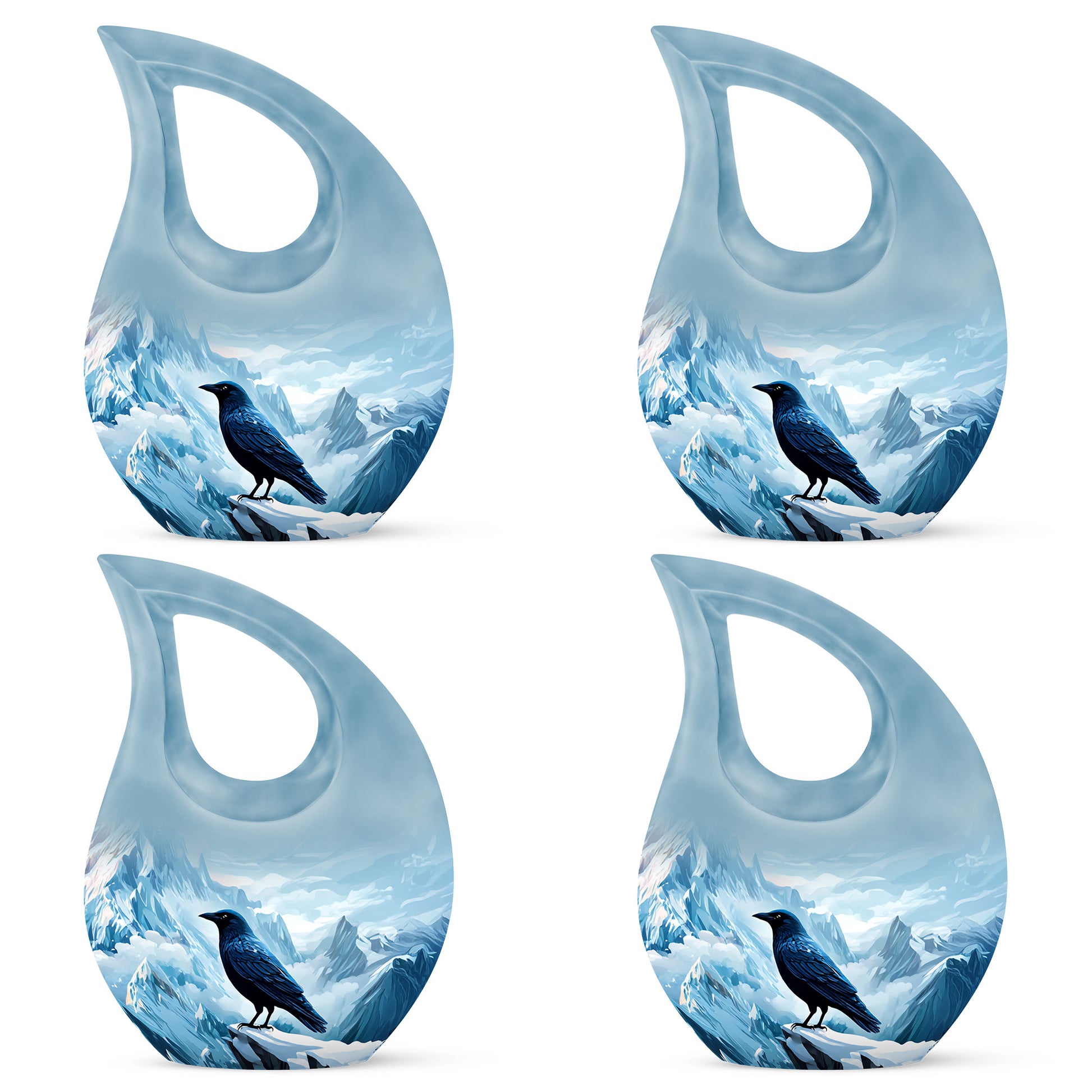 Slate Blue Crow Cremation Urn lifestyle display on memorial shelf - cross and crow combined in spiritual memorial design - 10 inch aluminum urn for cremated remains