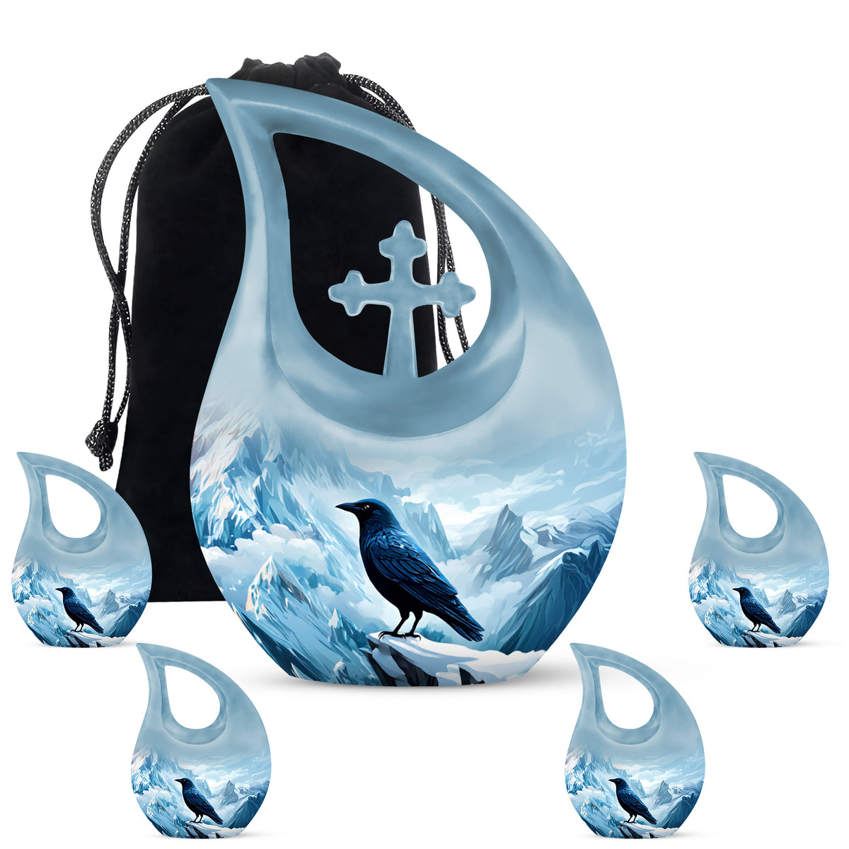 Soft Blue Crow Cremation Urn urn with complimentary velvet bag - faith-inspired cross-drop urn with crow pattern - memorial set with one large and four small urns