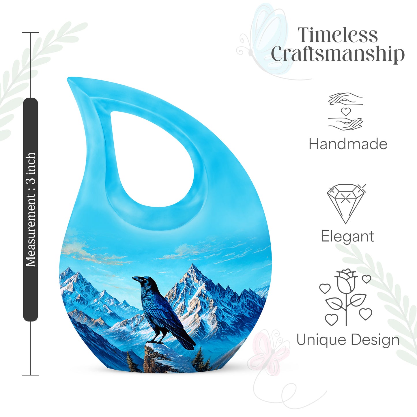 Cobalt Blue Crow Cremation Urn back view with polished surface - devotional cross-drop crow engraving - mini keepsake memorial for portion of cremation ashes