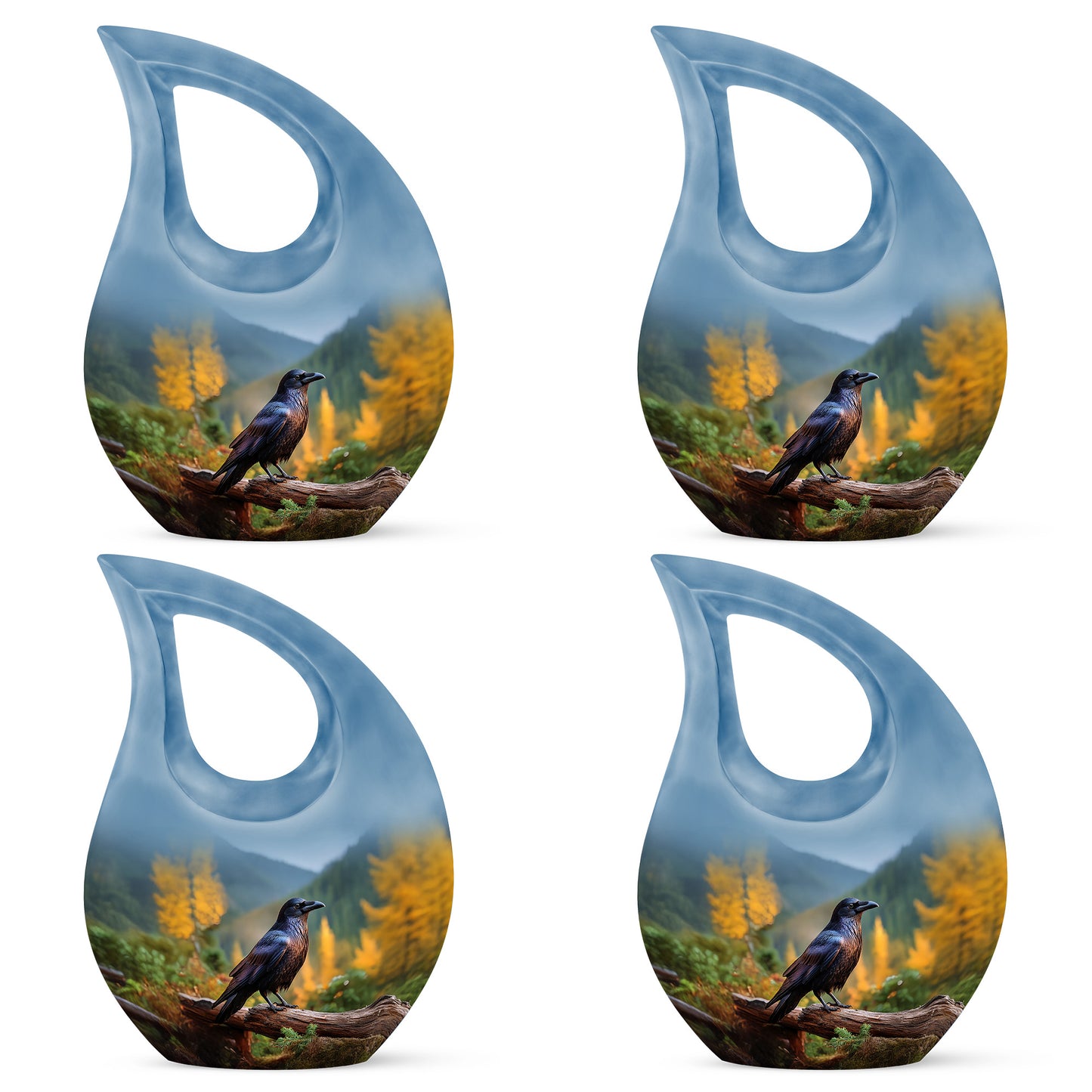 Sky Blue Crow Cremation Urn lifestyle display on memorial shelf - sacred cross merged with crow motif on metal - 10 inch aluminum urn for cremated remains