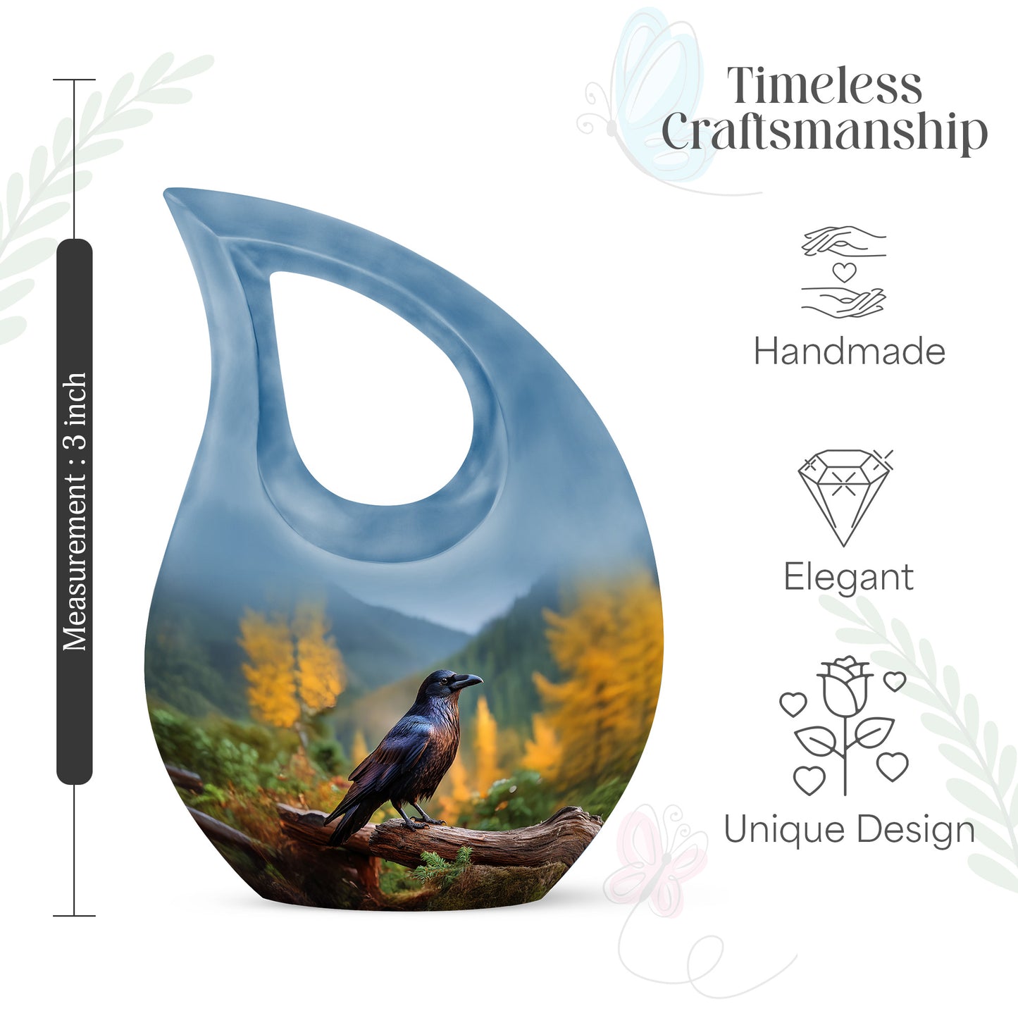 Indigo Crow Cremation Urn back view with polished surface - cross and crow combined in spiritual memorial design - mini keepsake memorial for portion of cremation ashes