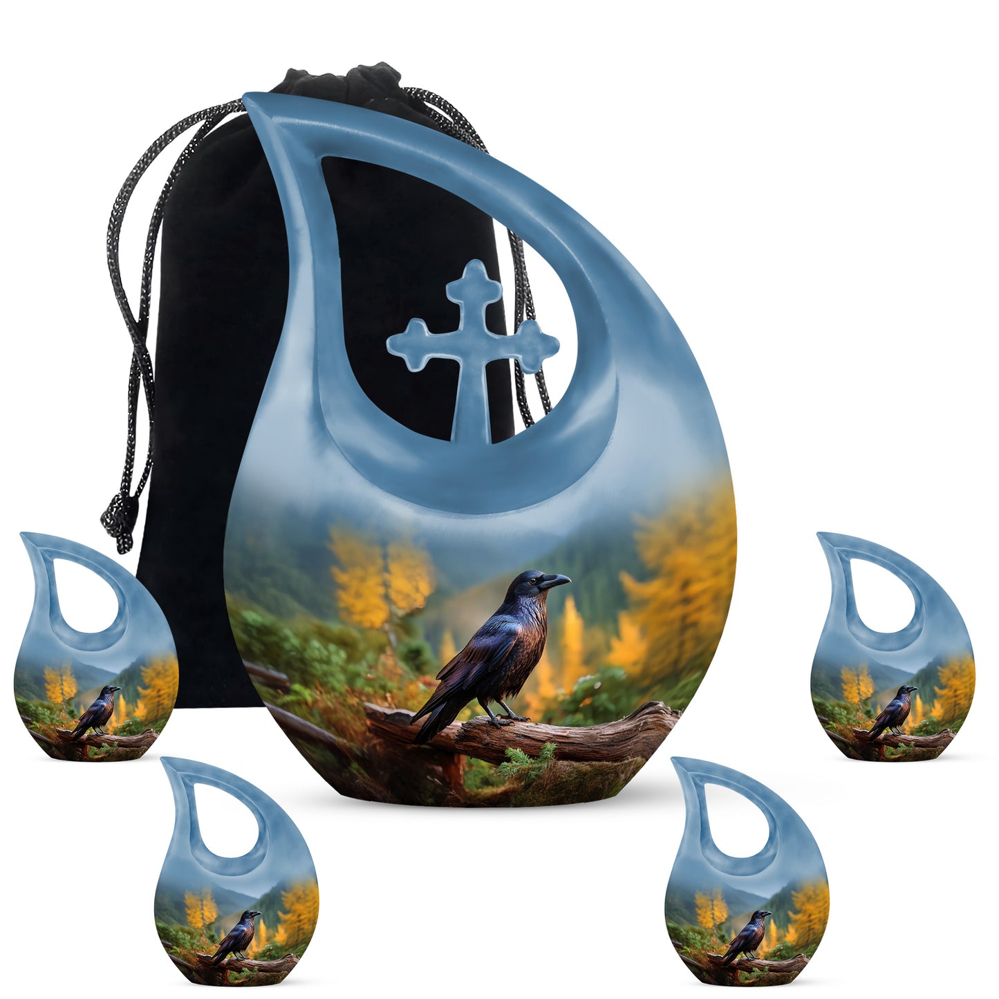 Cornflower Blue Crow Cremation Urn urn with complimentary velvet bag - devotional cross-drop crow engraving - memorial set with one large and four small urns
