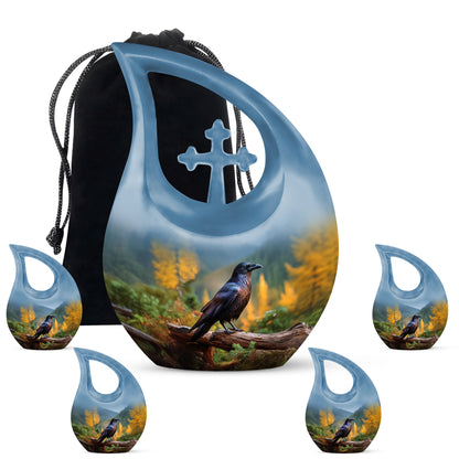 Cornflower Blue Crow Cremation Urn urn with complimentary velvet bag - devotional cross-drop crow engraving - memorial set with one large and four small urns