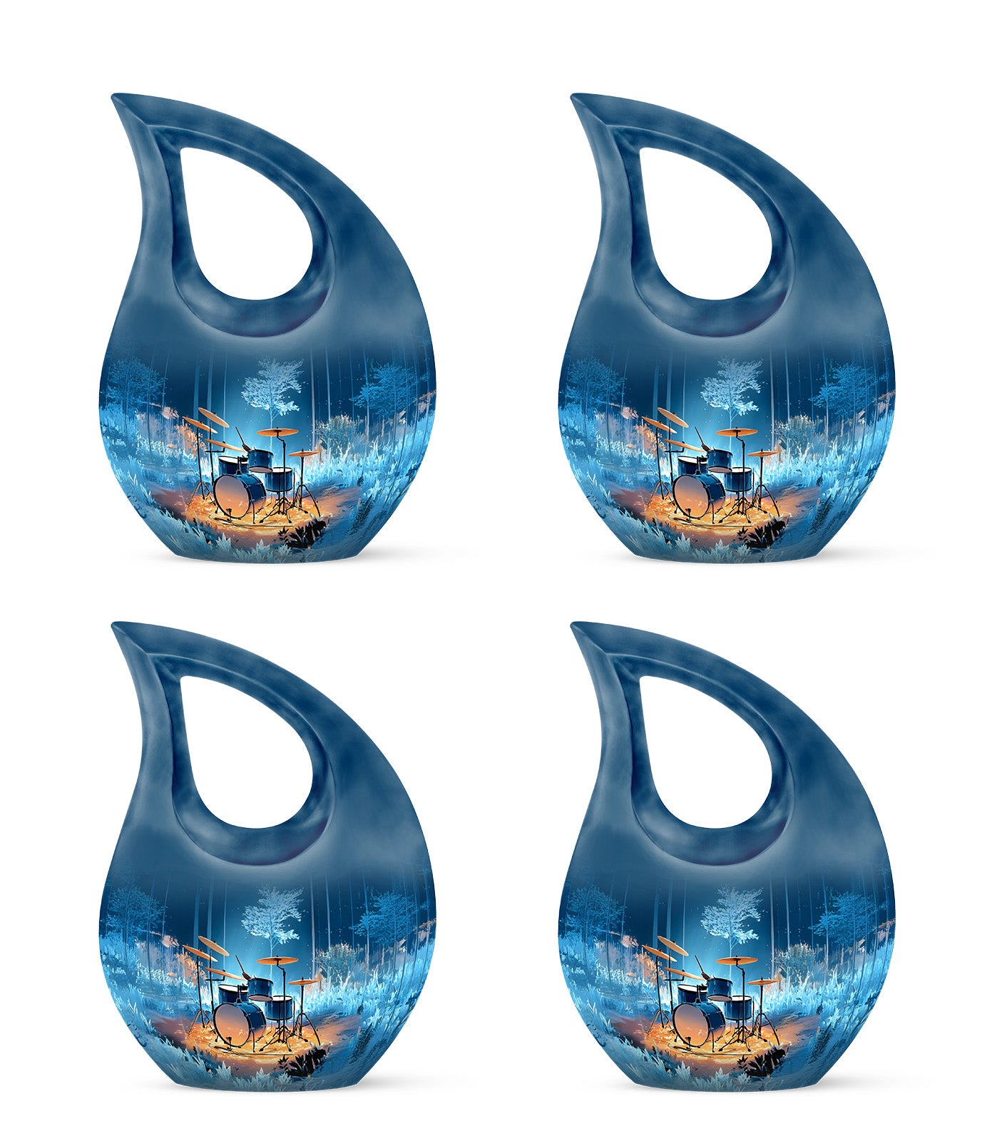 Cornflower Blue Drums Cremation Urn lifestyle display on memorial shelf - faith-inspired cross-drop urn with drums pattern - 10 inch aluminum urn for cremated remains