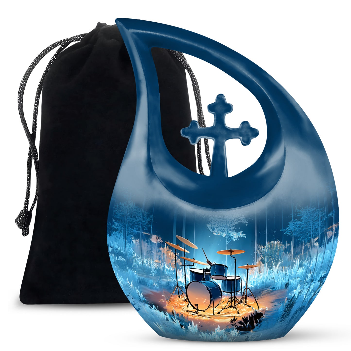 Sky Blue Drums Cremation Urn top-down view of secure threaded lid - sacred cross merged with drums motif on metal - full-size 10 inch 200 cubic inch adult cremation urn