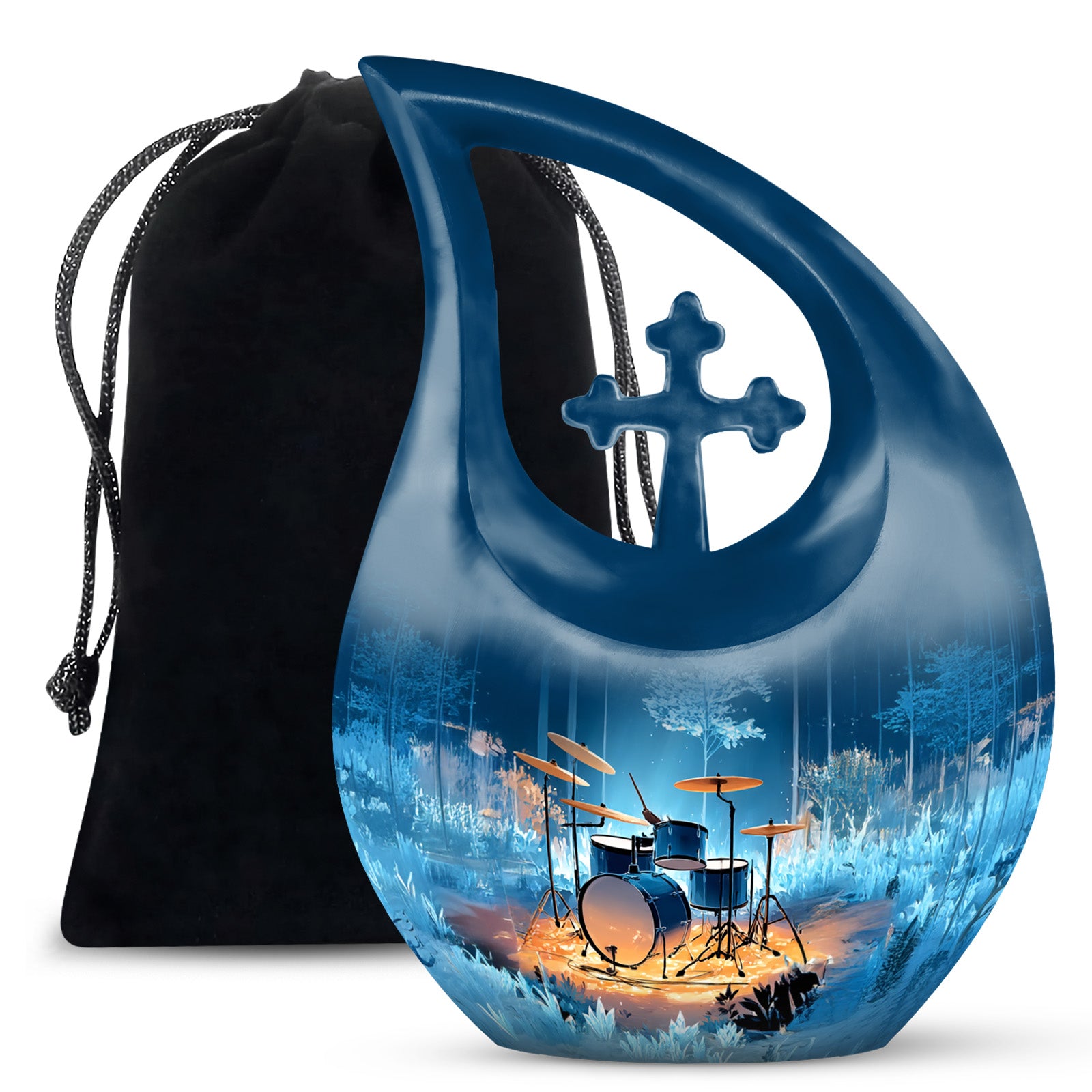 Sky Blue Drums Cremation Urn top-down view of secure threaded lid - sacred cross merged with drums motif on metal - full-size 10 inch 200 cubic inch adult cremation urn