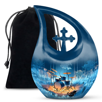Sky Blue Drums Cremation Urn top-down view of secure threaded lid - sacred cross merged with drums motif on metal - full-size 10 inch 200 cubic inch adult cremation urn