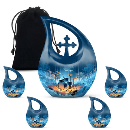 Steel Blue Drums Cremation Urn urn with complimentary velvet bag - faith-inspired cross-drop urn with drums pattern - memorial set with one large and four small urns