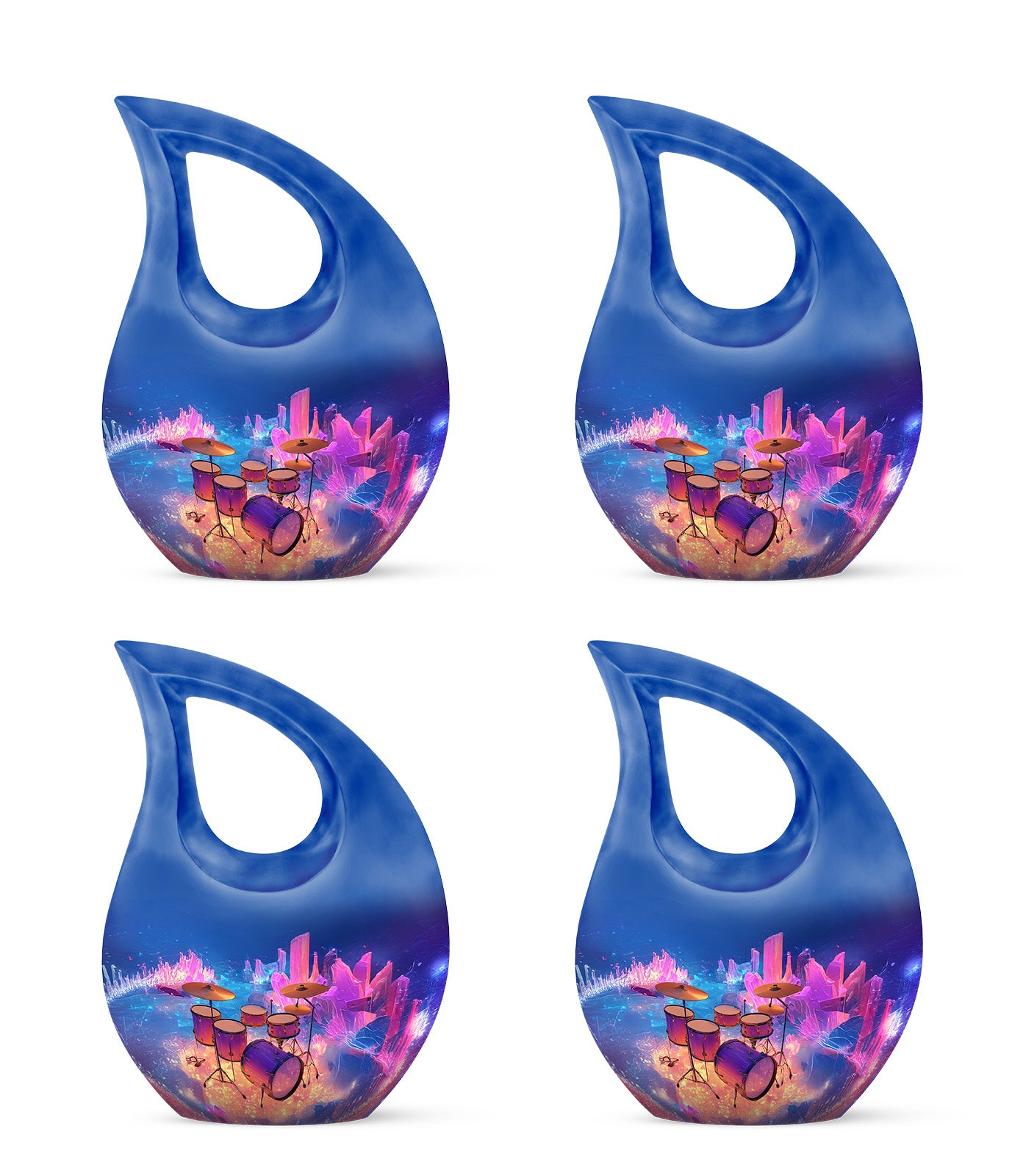 Azure Drums Cremation Urn lifestyle display on memorial shelf - cross and drums combined in spiritual memorial design - 10 inch aluminum urn for cremated remains