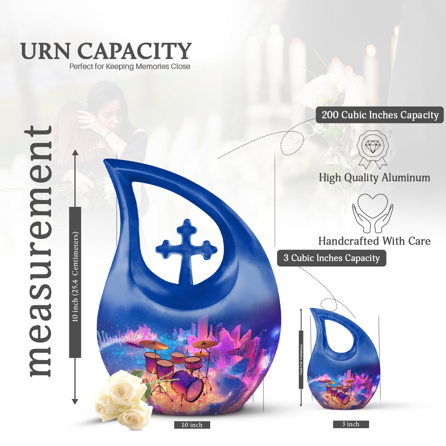 Powder Blue Drums Cremation Urn back view with polished surface - cross and drums combined in spiritual memorial design - mini keepsake memorial for portion of cremation ashes