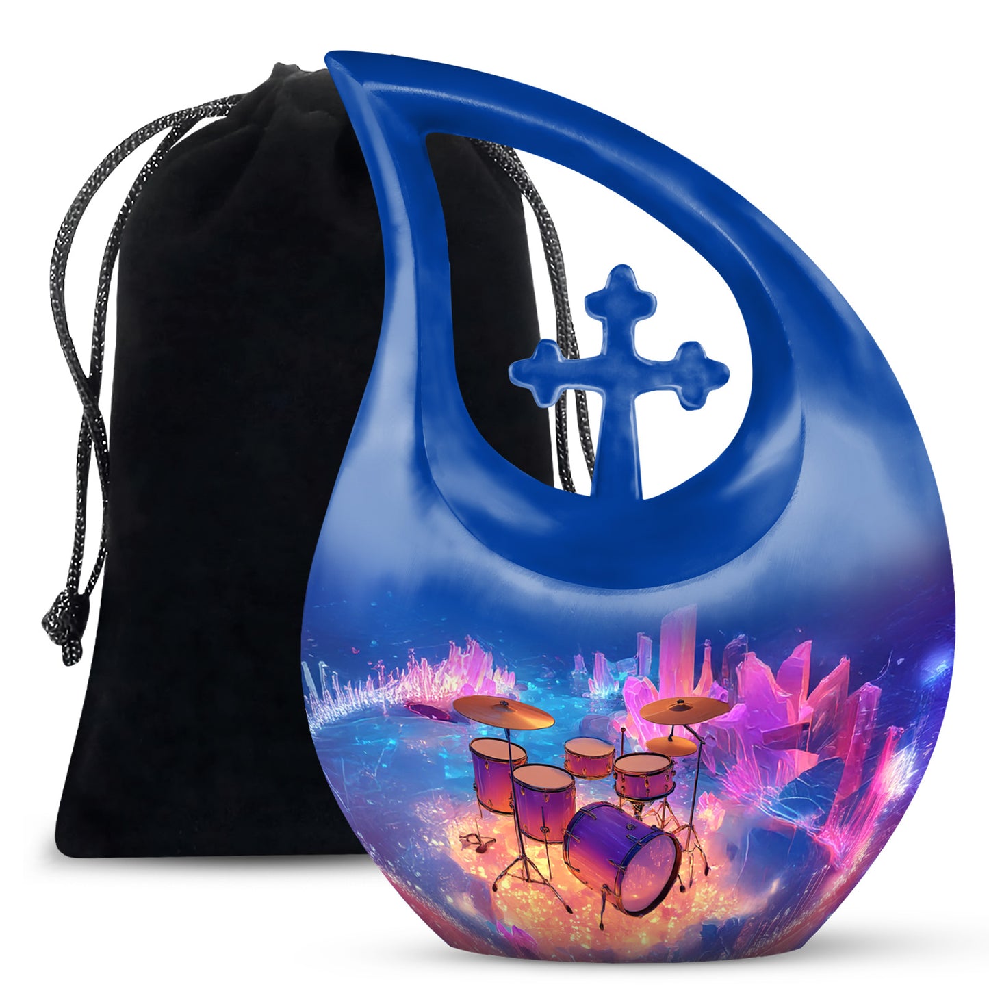 Navy Blue Drums Cremation Urn top-down view of secure threaded lid - cross and drums combined in spiritual memorial design - full-size 10 inch 200 cubic inch adult cremation urn