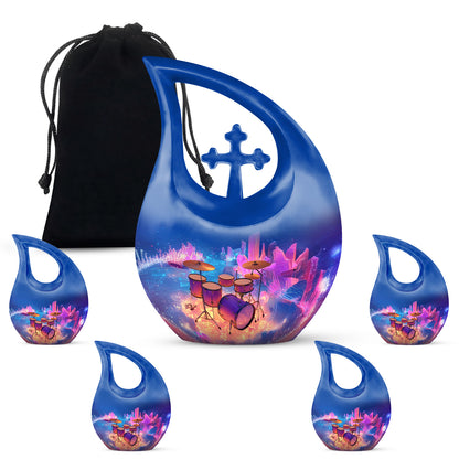 Powder Blue Drums Cremation Urn urn with complimentary velvet bag - cross and drums combined in spiritual memorial design - memorial set with one large and four small urns