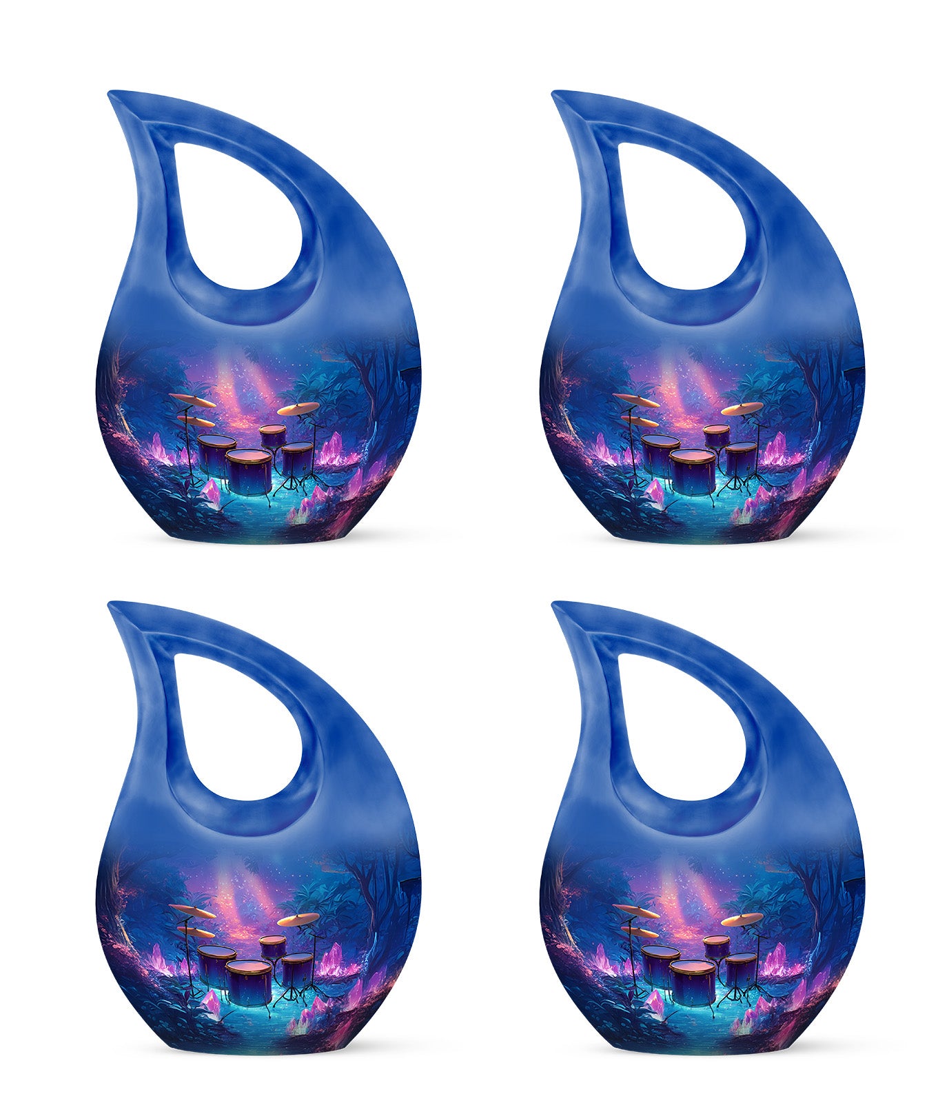 Azure Drums Cremation Urn lifestyle display on memorial shelf - cross and drums combined in spiritual memorial design - 10 inch aluminum urn for cremated remains
