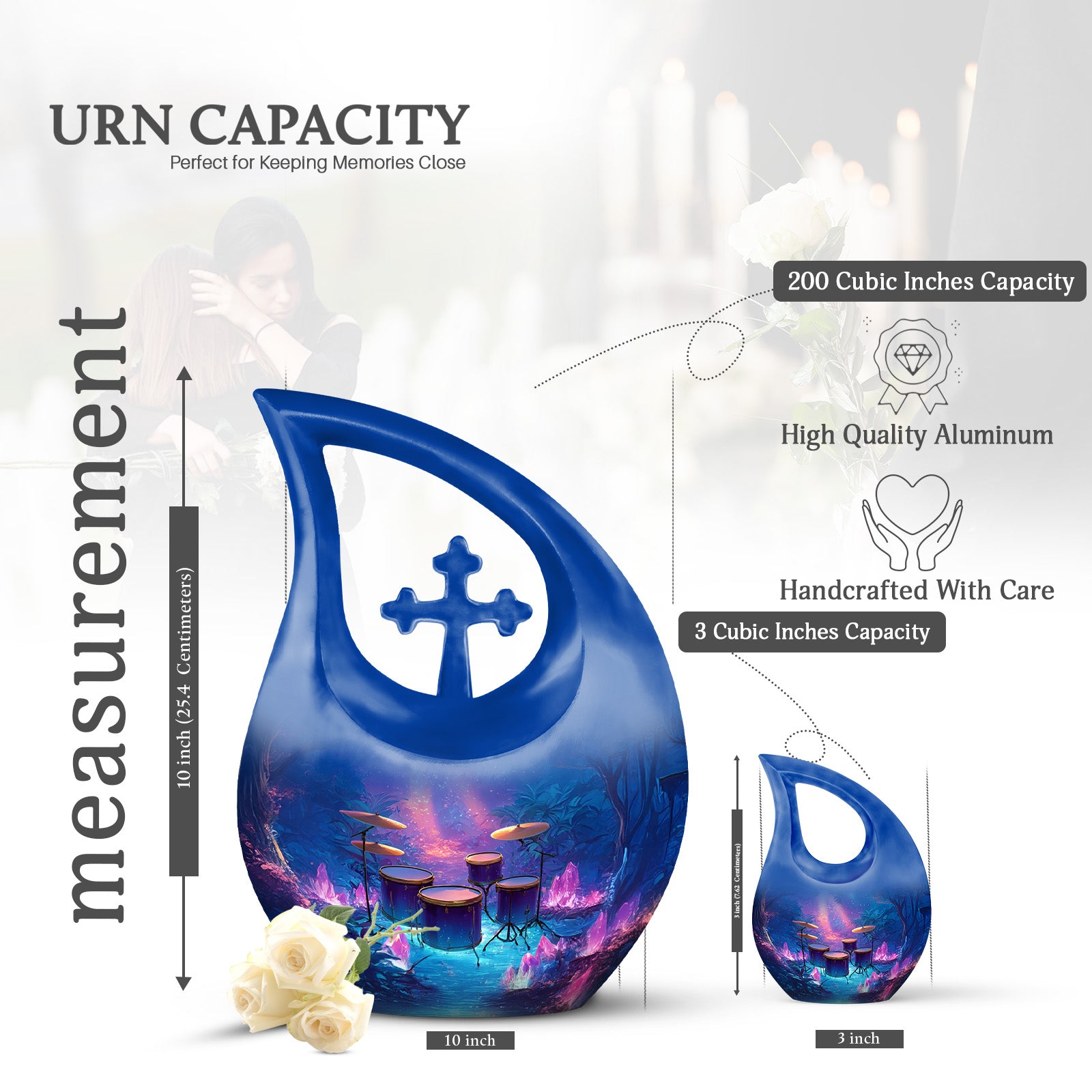 Cornflower Blue Drums Cremation Urn back view with polished surface - devotional cross-drop drums engraving - mini keepsake memorial for portion of cremation ashes