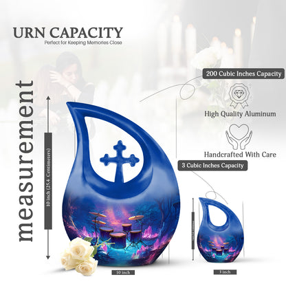 Cornflower Blue Drums Cremation Urn back view with polished surface - devotional cross-drop drums engraving - mini keepsake memorial for portion of cremation ashes