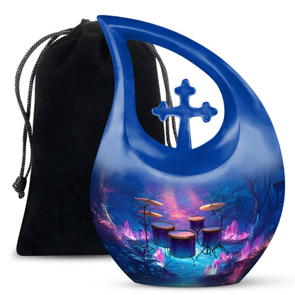 Cornflower Blue Drums Cremation Urn top-down view of secure threaded lid - devotional cross-drop drums engraving - full-size 10 inch 200 cubic inch adult cremation urn