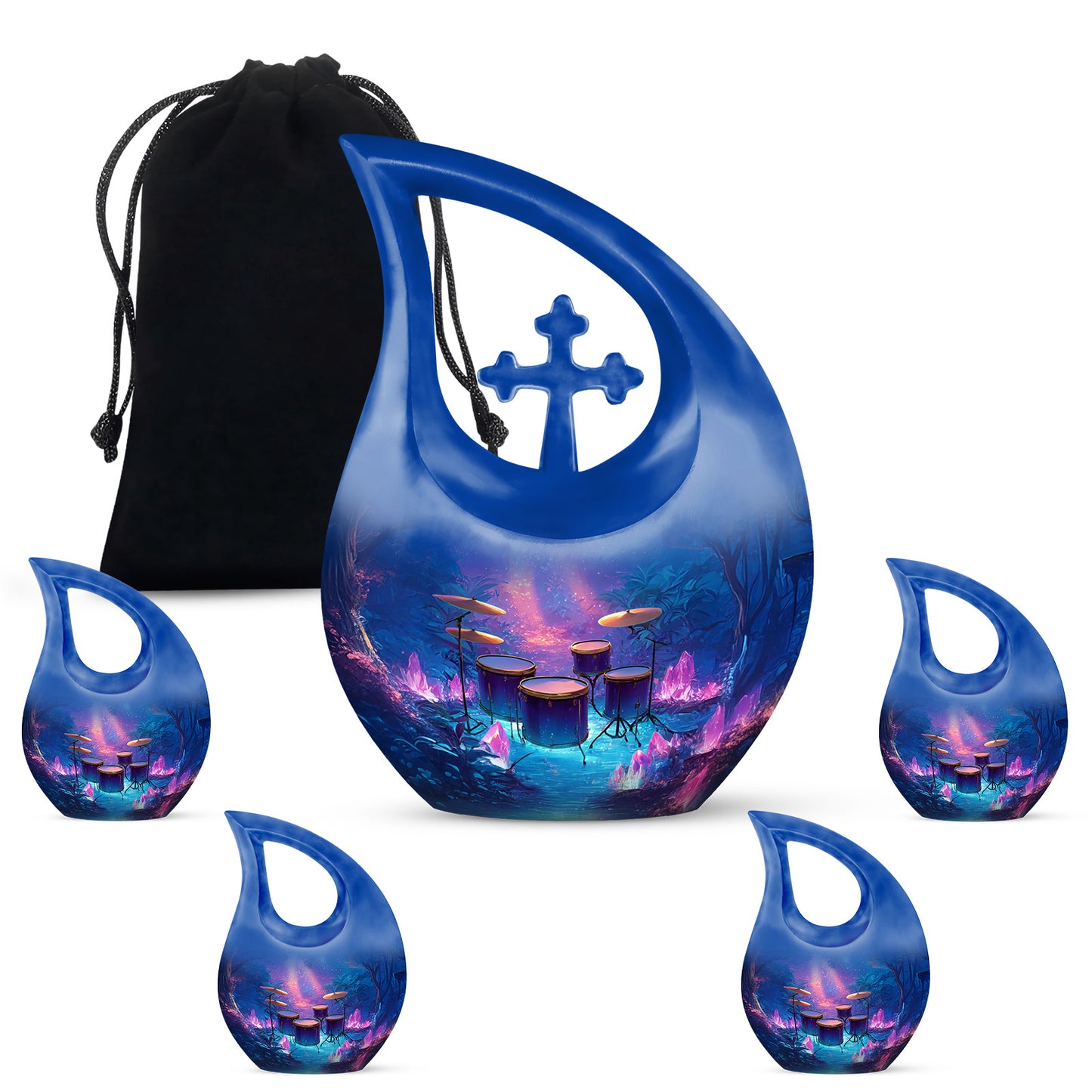 Powder Blue Drums Cremation Urn urn with complimentary velvet bag - cross and drums combined in spiritual memorial design - memorial set with one large and four small urns