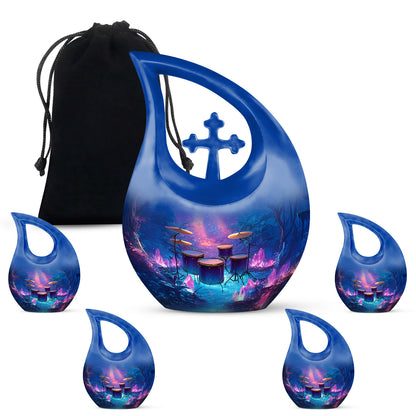 Powder Blue Drums Cremation Urn urn with complimentary velvet bag - cross and drums combined in spiritual memorial design - memorial set with one large and four small urns