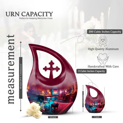 Serene Blue Drums Cremation Urn back view with polished surface - faith-inspired cross-drop urn with drums pattern - mini keepsake memorial for portion of cremation ashes