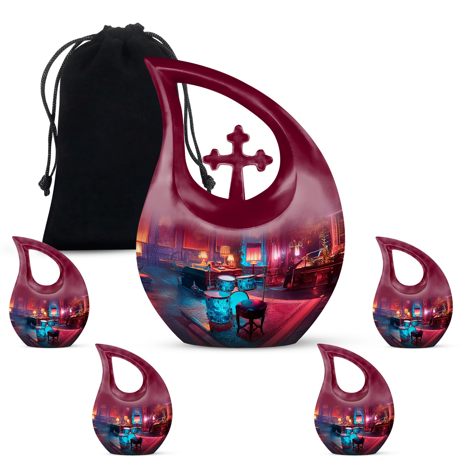 Sapphire Blue Drums Cremation Urn urn with complimentary velvet bag - devotional cross-drop drums engraving - memorial set with one large and four small urns
