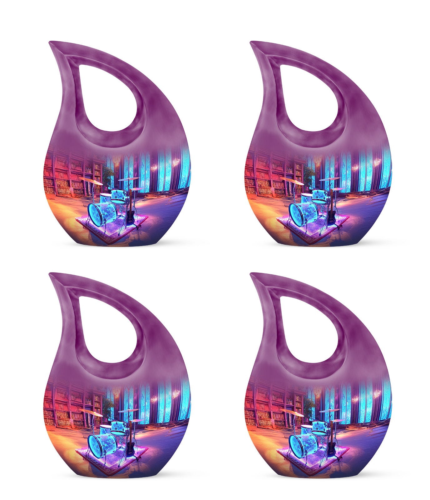 Majestic Purple Drums Cremation Urn lifestyle display on memorial shelf - sacred cross merged with drums motif on metal - 10 inch aluminum urn for cremated remains