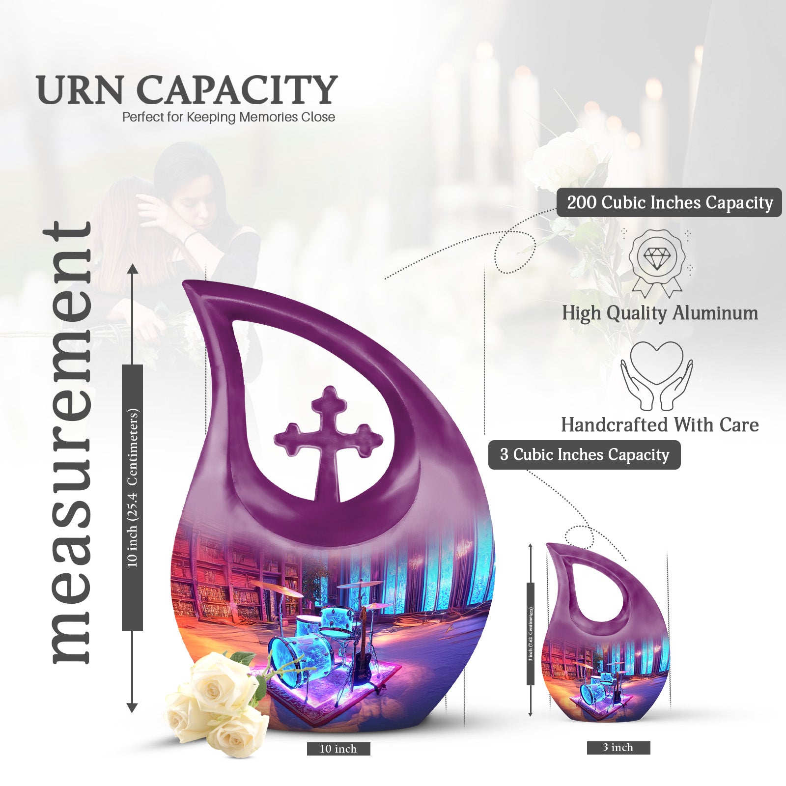 Grape Purple Drums Cremation Urn back view with polished surface - faith-inspired cross-drop urn with drums pattern - mini keepsake memorial for portion of cremation ashes