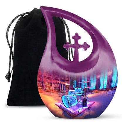 Royal Purple Drums Cremation Urn top-down view of secure threaded lid - devotional cross-drop drums engraving - full-size 10 inch 200 cubic inch adult cremation urn
