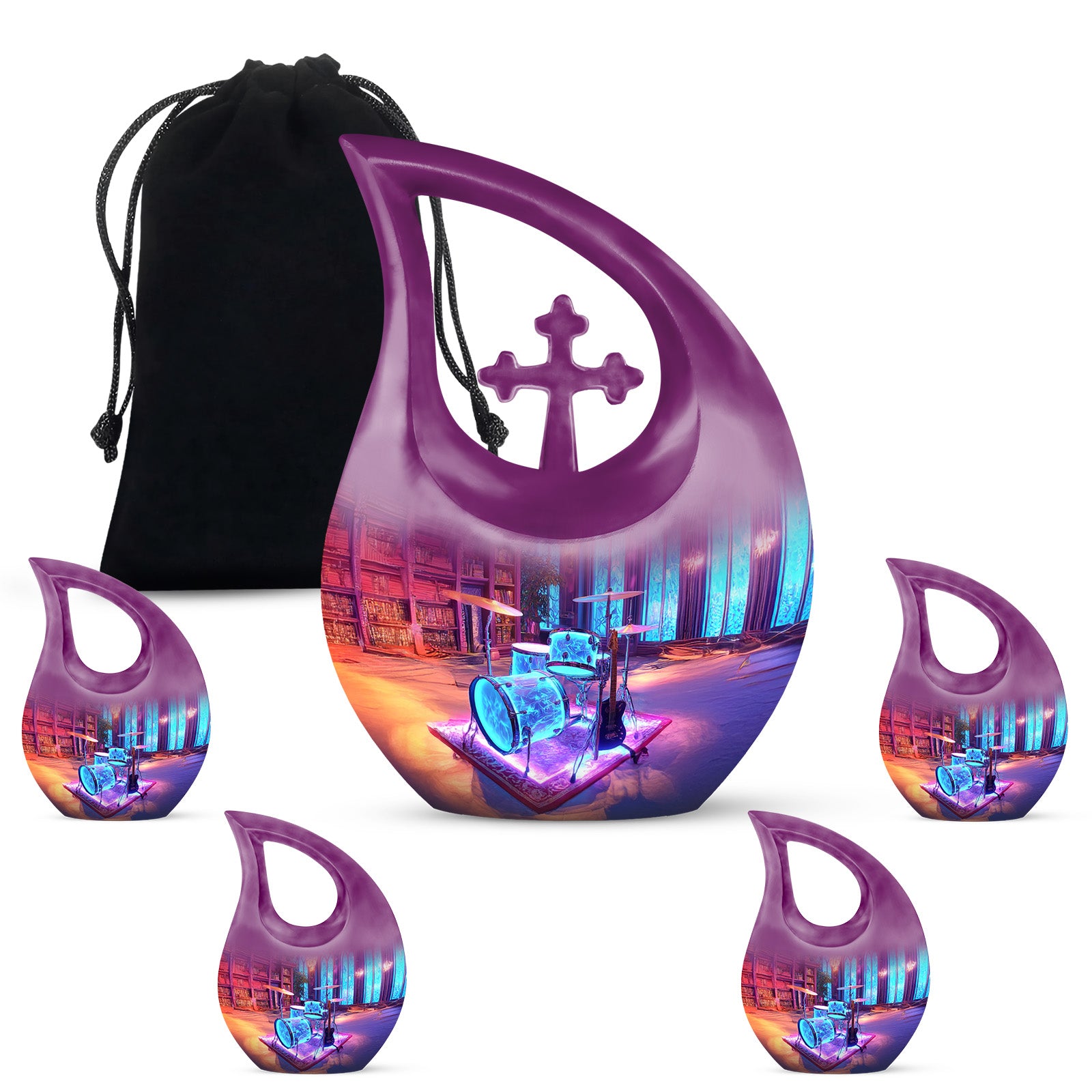 Grape Purple Drums Cremation Urn urn with complimentary velvet bag - devotional cross-drop drums engraving - memorial set with one large and four small urns