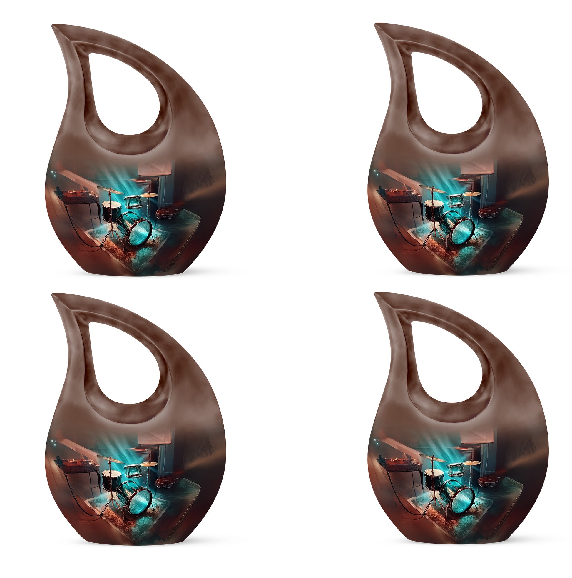 Sea Green Teal Drums Cremation Urn lifestyle display on memorial shelf - cross and drums combined in spiritual memorial design - 10 inch aluminum urn for cremated remains