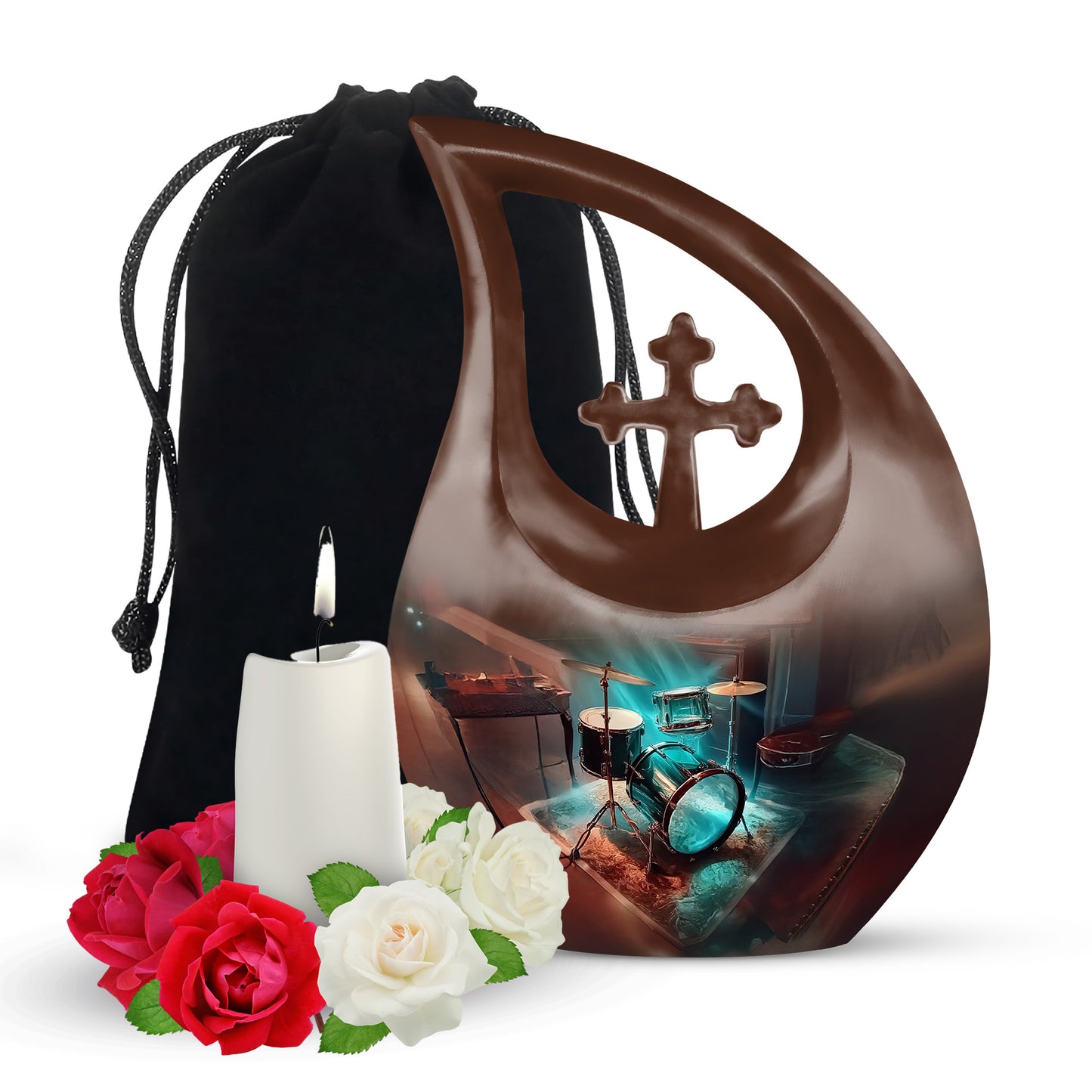 Sea Green Teal Drums Cremation Urn top-down view of secure threaded lid - sacred cross merged with drums motif on metal - full-size 10 inch 200 cubic inch adult cremation urn