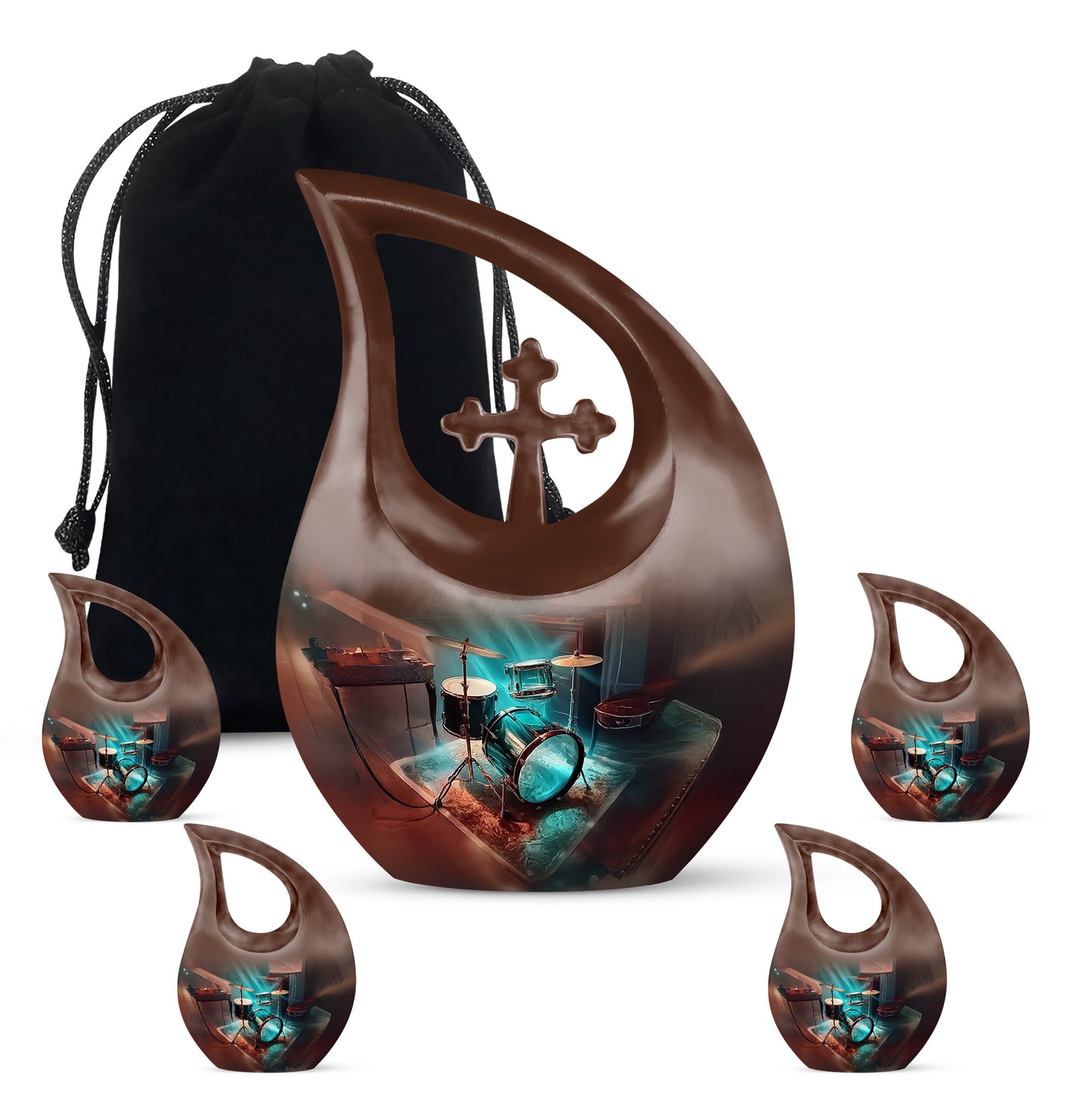 Tropical Teal Drums Cremation Urn urn with complimentary velvet bag - faith-inspired cross-drop urn with drums pattern - memorial set with one large and four small urns
