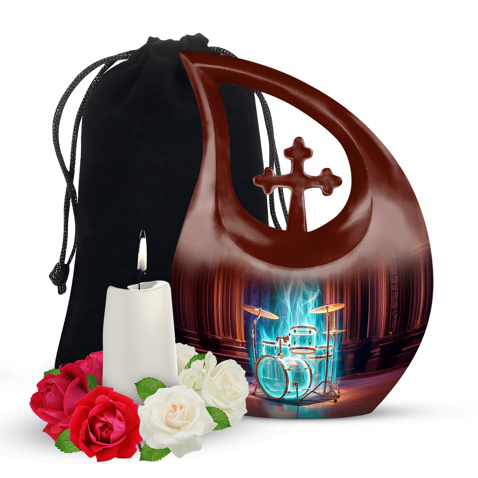 Deep Red Drums Cremation Urn top-down view of secure threaded lid - cross and drums combined in spiritual memorial design - full-size 10 inch 200 cubic inch adult cremation urn