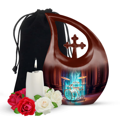 Deep Red Drums Cremation Urn top-down view of secure threaded lid - cross and drums combined in spiritual memorial design - full-size 10 inch 200 cubic inch adult cremation urn