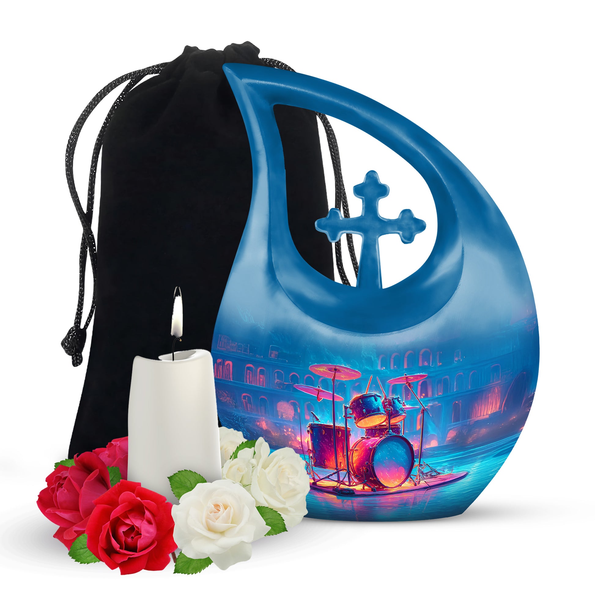 Royal Purple Drums Cremation Urn top-down view of secure threaded lid - faith-inspired cross-drop urn with drums pattern - full-size 10 inch 200 cubic inch adult cremation urn