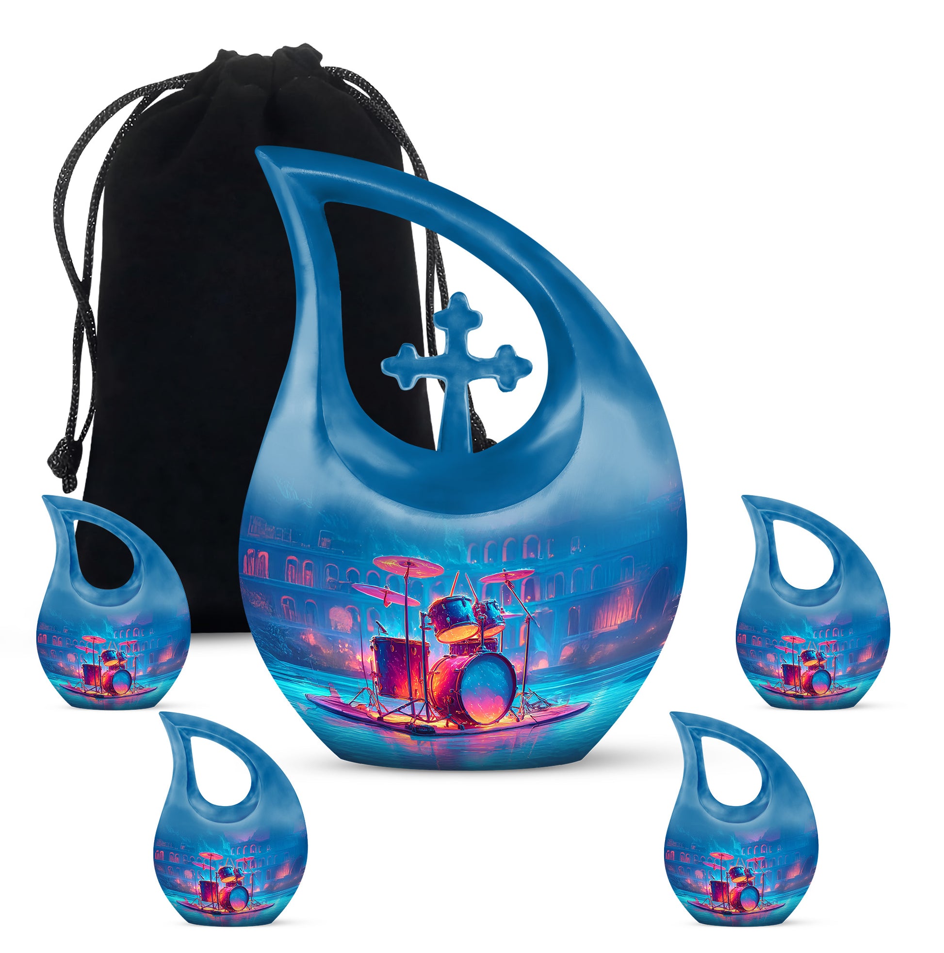 Orchid Purple Drums Cremation Urn urn with complimentary velvet bag - cross and drums combined in spiritual memorial design - memorial set with one large and four small urns