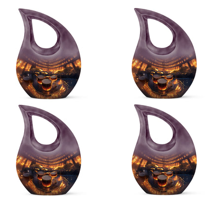 Sunrise Gold Drums Cremation Urn lifestyle display on memorial shelf - cross and drums combined in spiritual memorial design - 10 inch aluminum urn for cremated remains