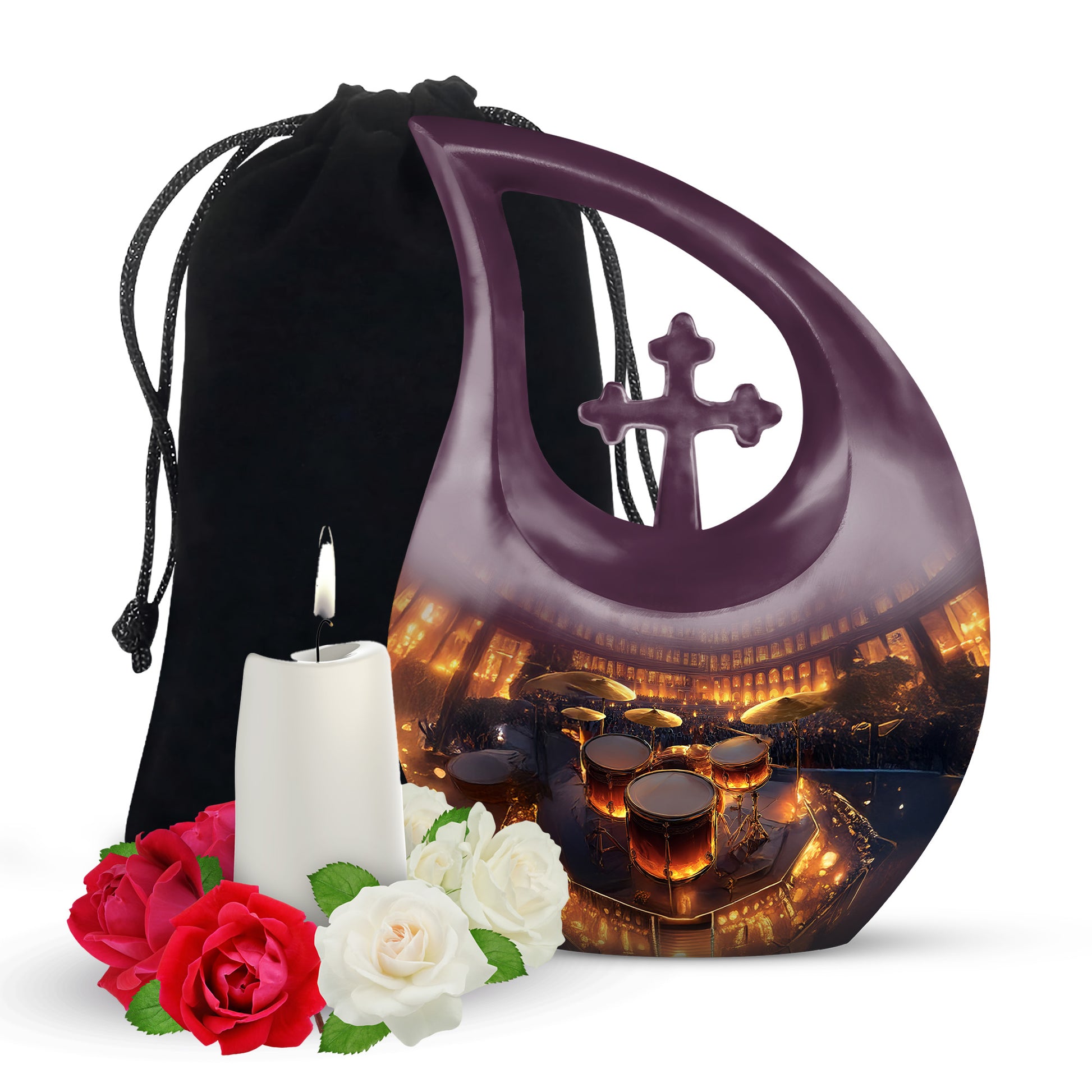 Warm Gold Drums Cremation Urn top-down view of secure threaded lid - devotional cross-drop drums engraving - full-size 10 inch 200 cubic inch adult cremation urn