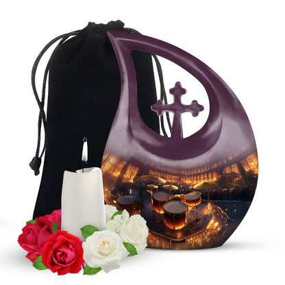 Warm Gold Drums Cremation Urn top-down view of secure threaded lid - devotional cross-drop drums engraving - full-size 10 inch 200 cubic inch adult cremation urn