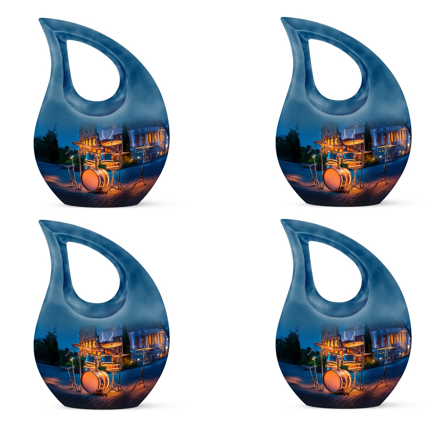 Powder Blue Drums Cremation Urn lifestyle display on memorial shelf - sacred cross merged with drums motif on metal - 10 inch aluminum urn for cremated remains