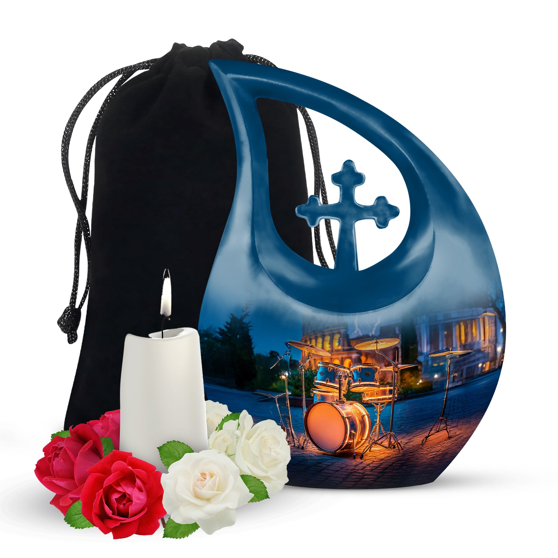 Bright Blue Drums Cremation Urn top-down view of secure threaded lid - devotional cross-drop drums engraving - full-size 10 inch 200 cubic inch adult cremation urn