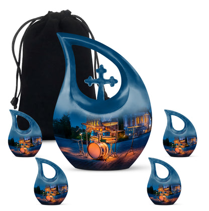 Cornflower Blue Drums Cremation Urn urn with complimentary velvet bag - devotional cross-drop drums engraving - memorial set with one large and four small urns