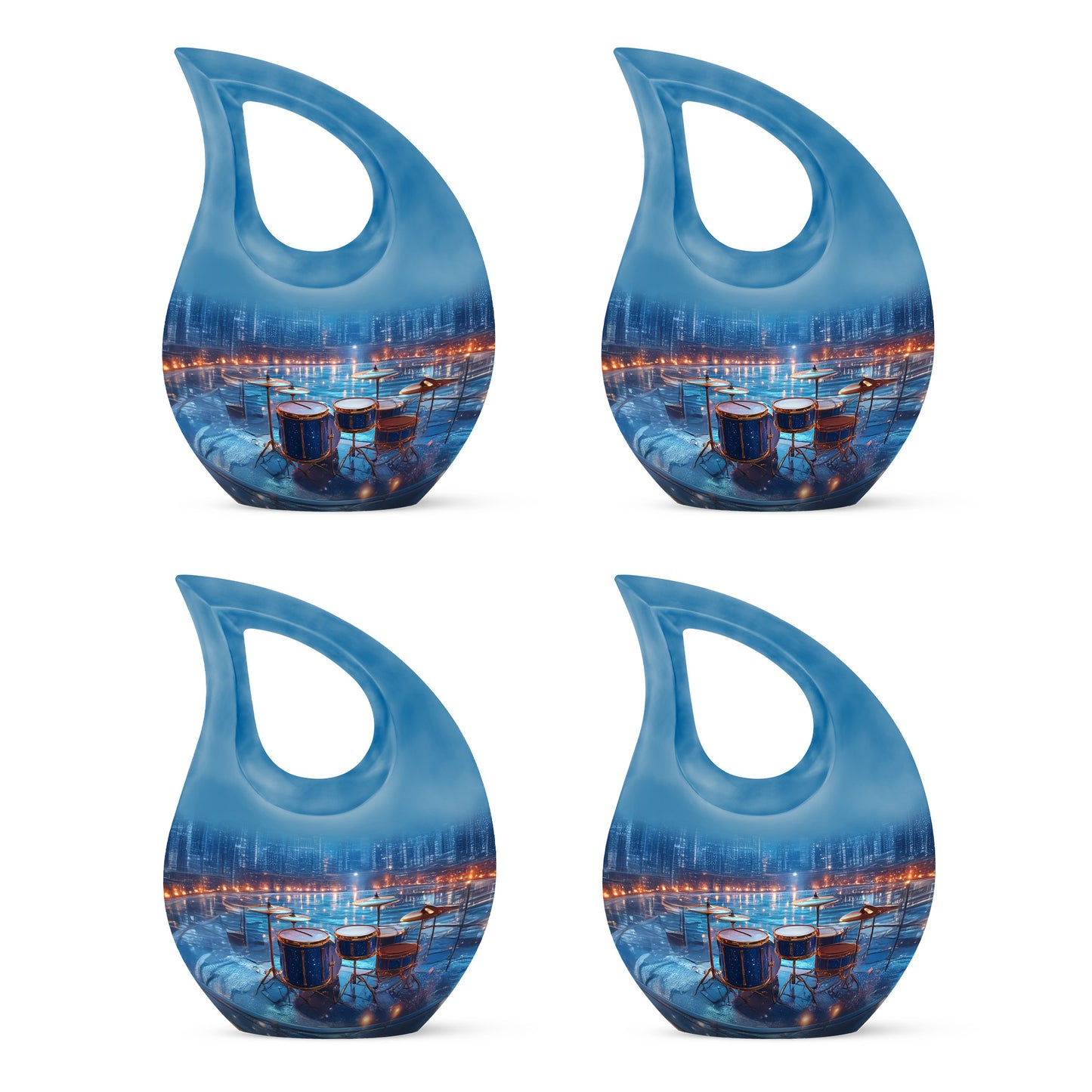 Cobalt Blue Drums Cremation Urn lifestyle display on memorial shelf - devotional cross-drop drums engraving - 10 inch aluminum urn for cremated remains