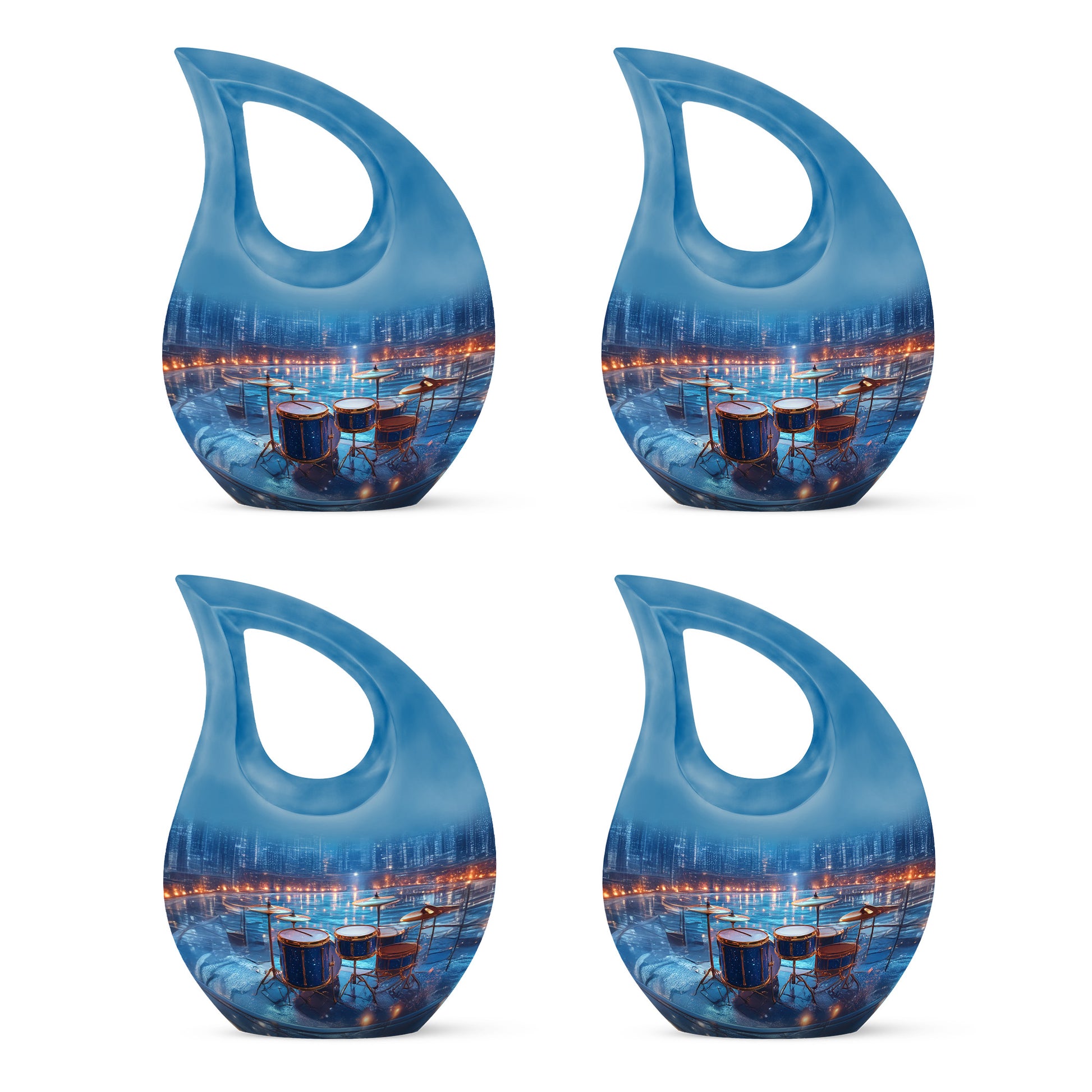 Cobalt Blue Drums Cremation Urn lifestyle display on memorial shelf - devotional cross-drop drums engraving - 10 inch aluminum urn for cremated remains