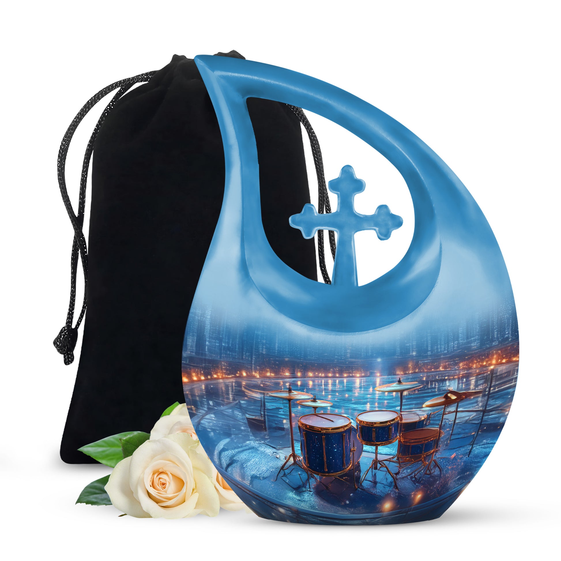 Sky Blue Drums Cremation Urn top-down view of secure threaded lid - sacred cross merged with drums motif on metal - full-size 10 inch 200 cubic inch adult cremation urn