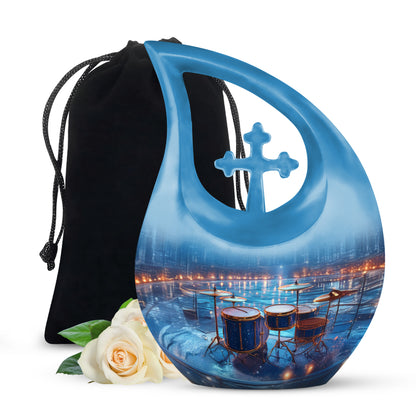 Sky Blue Drums Cremation Urn top-down view of secure threaded lid - sacred cross merged with drums motif on metal - full-size 10 inch 200 cubic inch adult cremation urn