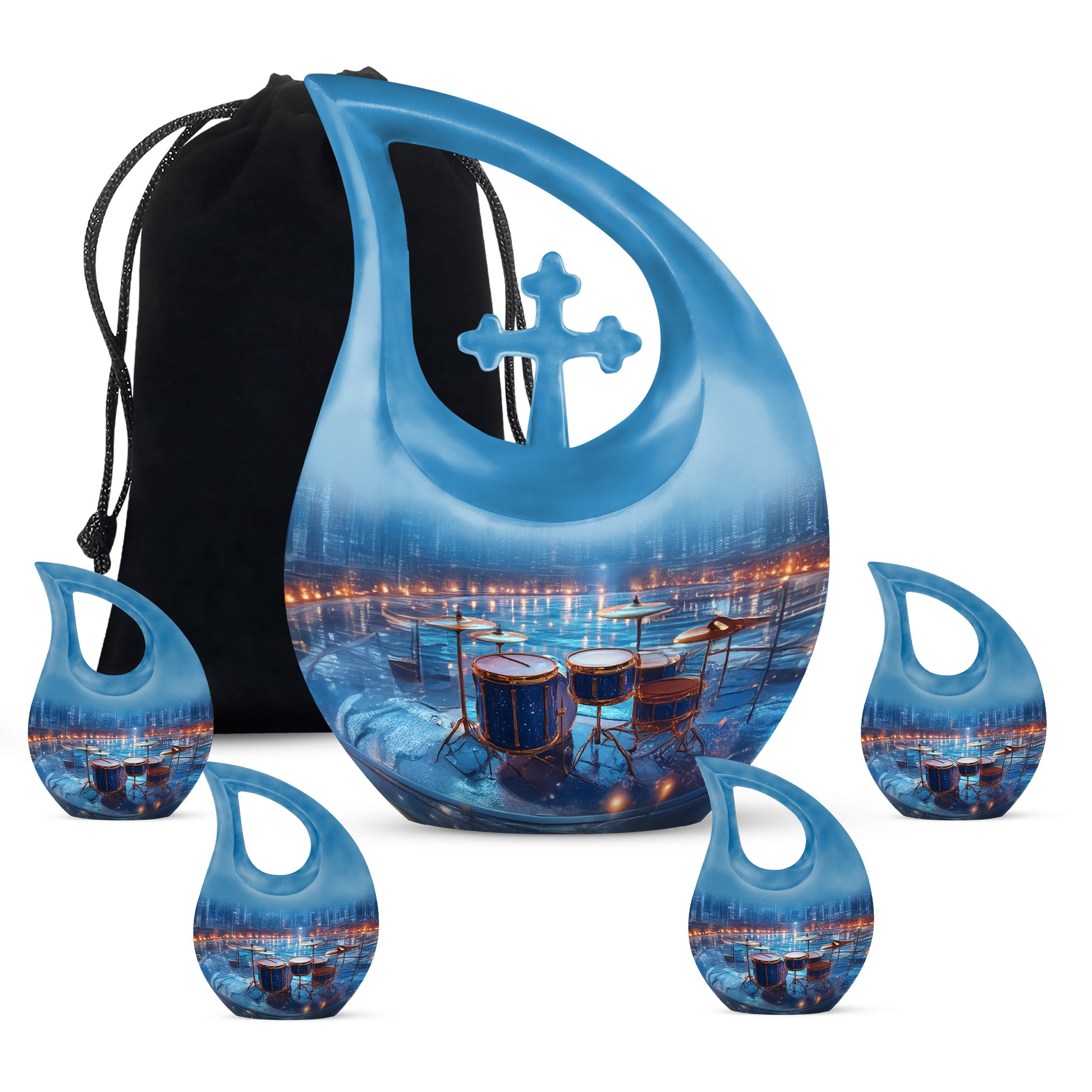 Azure Drums Cremation Urn urn with complimentary velvet bag - cross and drums combined in spiritual memorial design - memorial set with one large and four small urns